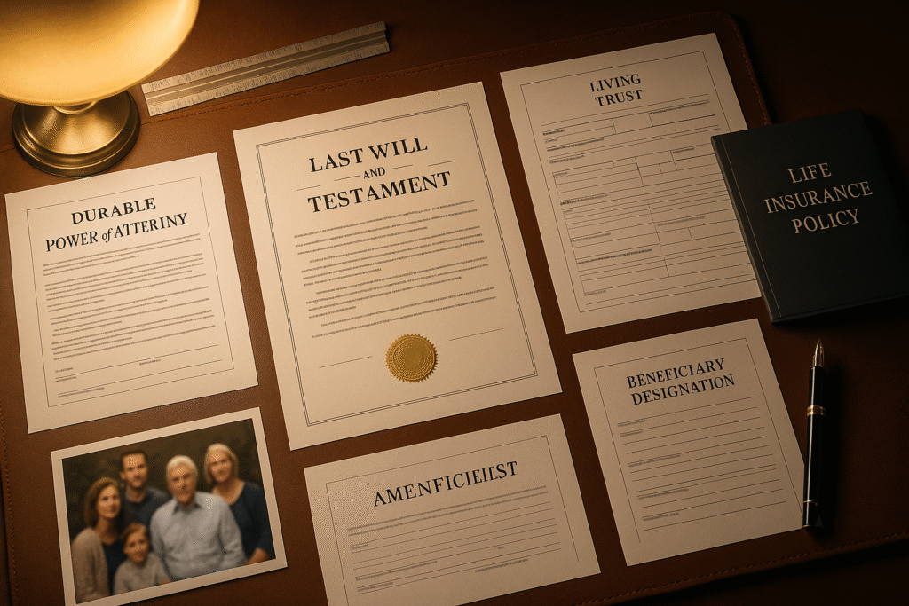 Dramatic overhead aerial photography of estate planning documents arranged in organized blueprint layout on rich leather desk surface - center shows Last Will and Testament with gold embossed seal - radiating outward in quadrants are Durable Power of Attorney, Living Trust paperwork, beneficiary designation forms, life insurance policy folder, and multi-generational family photograph with faces blurred for privacy - architect scale ruler and luxury fountain pen suggest precision planning - soft desk lamp lighting creates dimension representing legacy protection and generational wealth transfer responsibility for men in midlife. financial planning for men in their 40s and 50s retirement