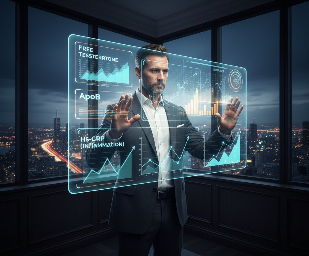 holographic "Executive Health Dashboard" displaying key biomarkers like Free Testosterone, ApoB, and Hs-CRP (Inflammation) against a city skyline. This visual represents the data-driven approach to health management for men biomarkers men over 40.