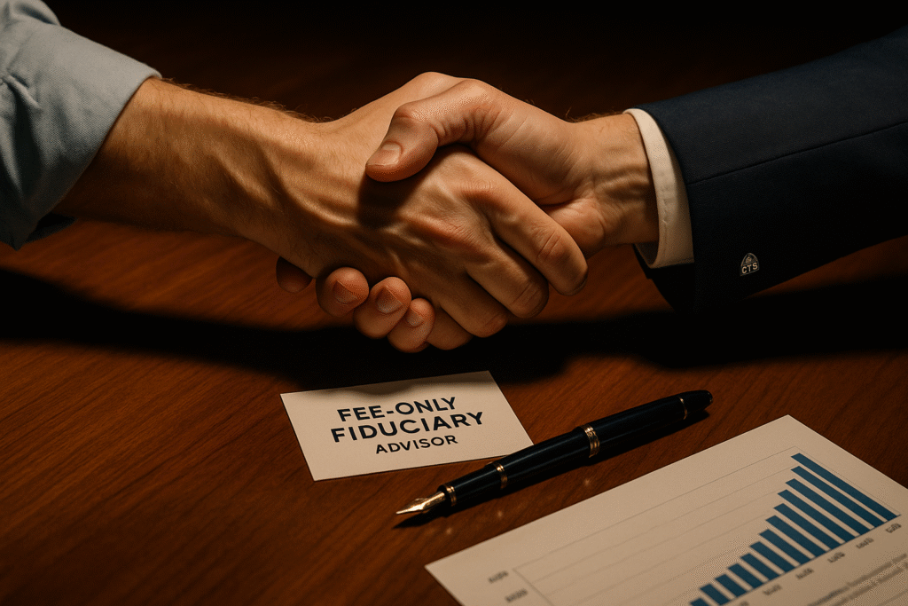Close-up professional handshake across polished conference table between client showing wedding ring and rolled business casual sleeve and financial advisor in suit with CFP certification pin on cuff - between hands on table surface is business card prominently displaying fee-only fiduciary advisor text, luxury fountain pen, and financial planning document with growth charts - dramatic overhead lighting creates shadows representing critical trust moment and credential verification for retirement planning