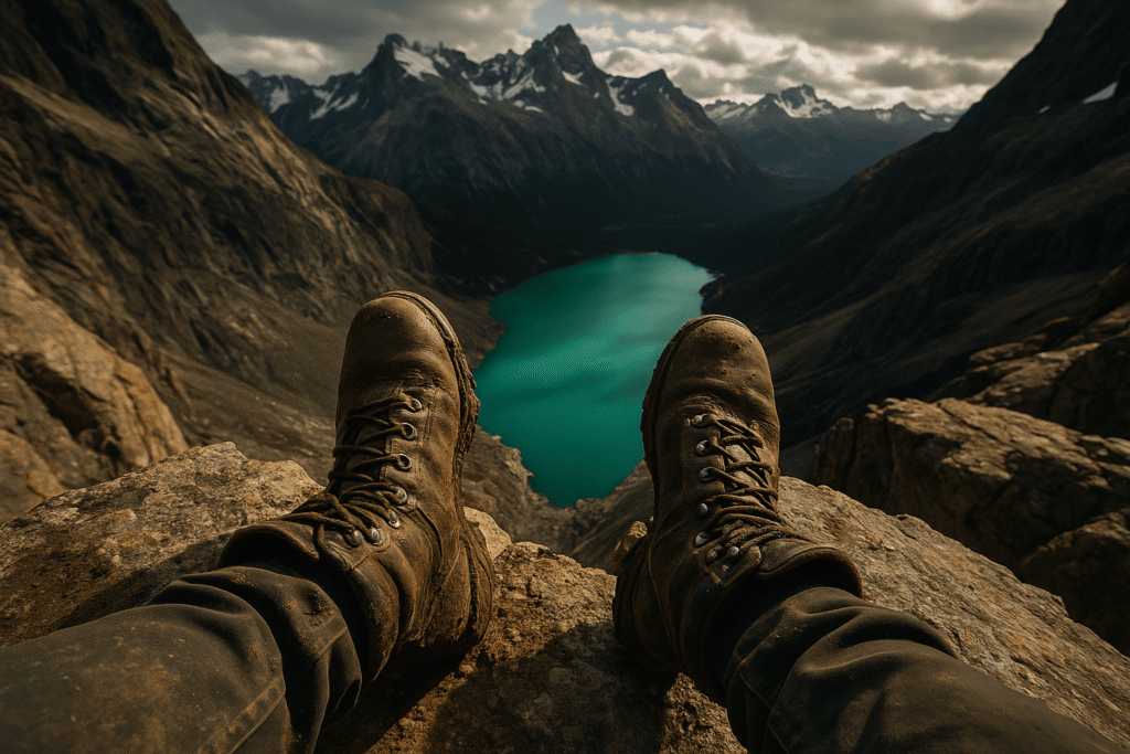 A first-person perspective of muddy hiking boots resting on a cliff's edge after a long trek, overlooking a breathtaking turquoise lake and mountain range in Patagonia.
