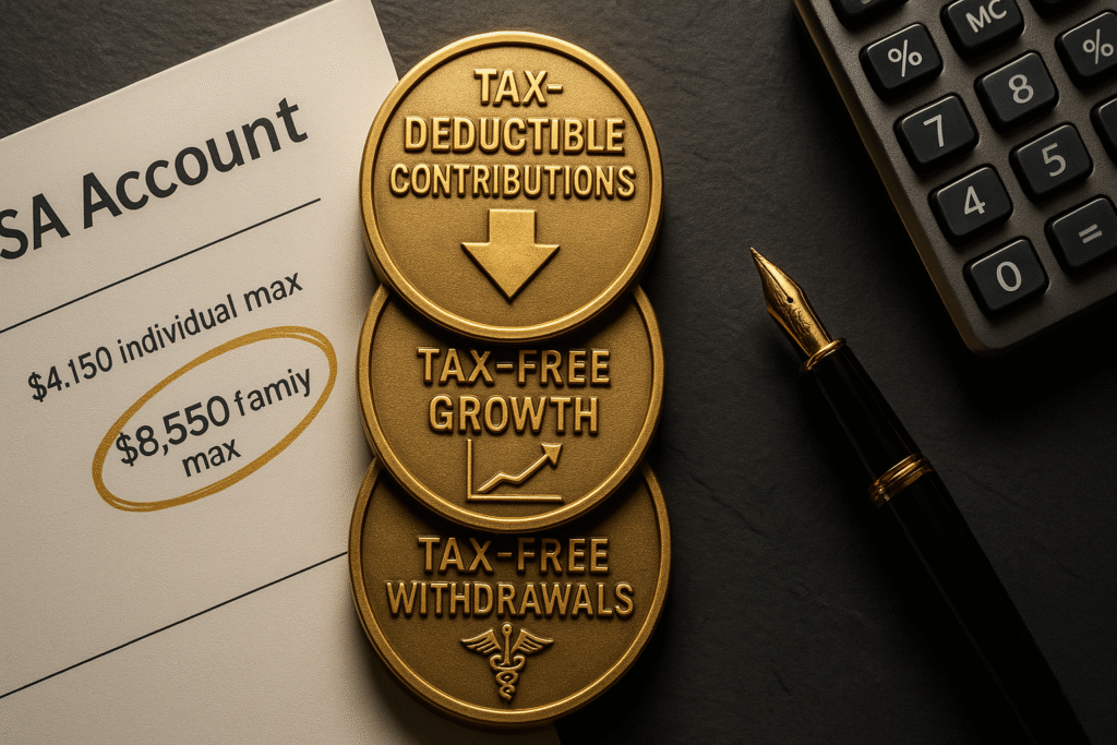 Overhead product photography of three stacked gold medallions on dark slate surface representing HSA triple tax advantage - top coin engraved tax-deductible contributions with downward arrow, middle coin tax-free growth with compound interest graph, bottom coin tax-free withdrawals with medical caduceus symbol - surrounded by HSA account statement showing $8550 family maximum contribution circled in gold, calculator and fountain pen with dramatic side lighting