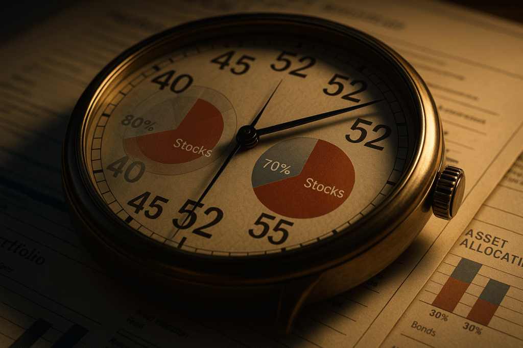 Cinematic shot of elegant analog clock face with age markers replacing numbers showing 40, 45, 50, 55, 60, 65 around circumference, clock hands pointing to 52 representing current moment - transparently overlaid pie charts show asset allocation evolution from age 45 with 80 percent stocks 20 percent bonds in aggressive red-blue to age 52 with 70 percent stocks 30 percent bonds in balanced colors - clock resting on investment portfolio documents with dramatic side lighting emphasizing passage of time and need for strategic adjustment
