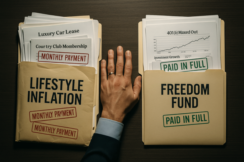 Overhead view of two contrasting file folders on desk - left folder labeled lifestyle inflation overflowing with luxury car lease country club invoice and oversized mortgage stamped monthly payment in red - right folder labeled freedom fund organized with maxed 401k confirmation investment growth statements stamped paid in full in green - man's hand with wedding ring hovering between folders frozen in moment of financial choice
