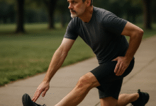 A middle-aged man doing walking hamstring stretches outdoors, showing proper form and posture. Alt: Midlife man warming up hamstrings before lower back stretches, emphasizing flexibility.