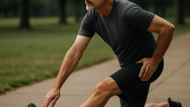 A middle-aged man doing walking hamstring stretches outdoors, showing proper form and posture. Alt: Midlife man warming up hamstrings before lower back stretches, emphasizing flexibility.