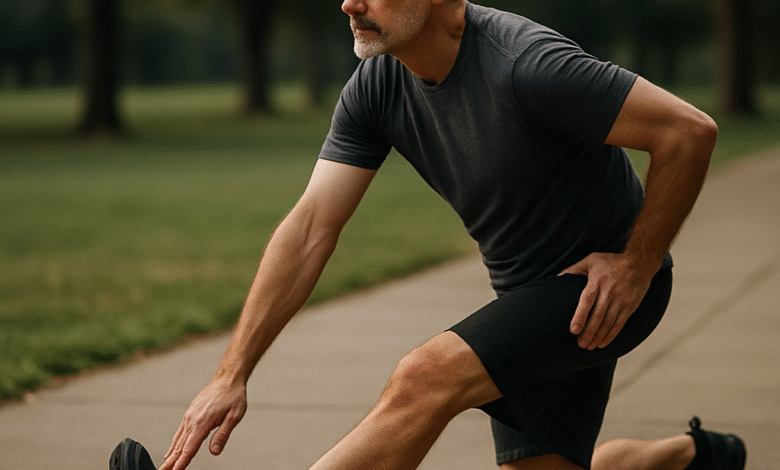 A middle-aged man doing walking hamstring stretches outdoors, showing proper form and posture. Alt: Midlife man warming up hamstrings before lower back stretches, emphasizing flexibility.