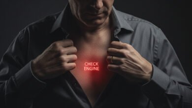Close-up of a concerned man in his 40s revealing a glowing red "CHECK ENGINE" light on his chest, symbolizing a critical health warning or hidden biological issue. This image highlights the need to address health problems proactively.