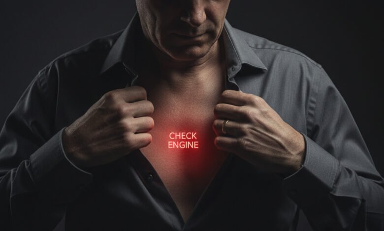 Close-up of a concerned man in his 40s revealing a glowing red "CHECK ENGINE" light on his chest, symbolizing a critical health warning or hidden biological issue. This image highlights the need to address health problems proactively.
