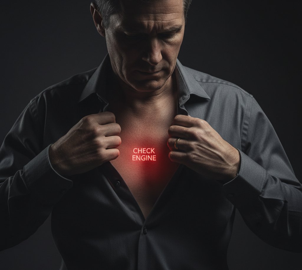 Close-up of a concerned man in his 40s revealing a glowing red "CHECK ENGINE" light on his chest, symbolizing a critical health warning or hidden biological issue. This image highlights the need to address health problems proactively.