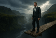 A man in a business suit stands on the edge of a wooden plank over a vast canyon, symbolizing the critical decision to leave a safe career for a more meaningful second act.