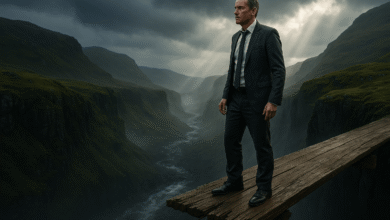 A man in a business suit stands on the edge of a wooden plank over a vast canyon, symbolizing the critical decision to leave a safe career for a more meaningful second act.