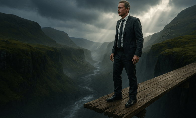 A man in a business suit stands on the edge of a wooden plank over a vast canyon, symbolizing the critical decision to leave a safe career for a more meaningful second act.