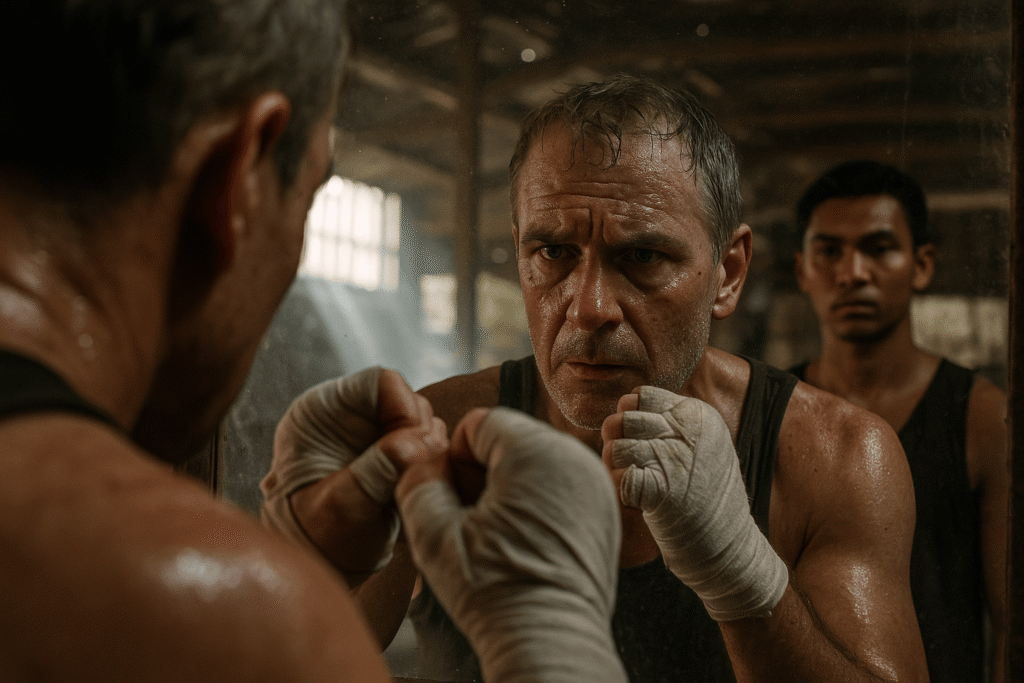 A determined man over 40, drenched in sweat, looks at his reflection in a gritty Muay Thai gym, embodying the physical and mental challenge of learning a new skill later in life.