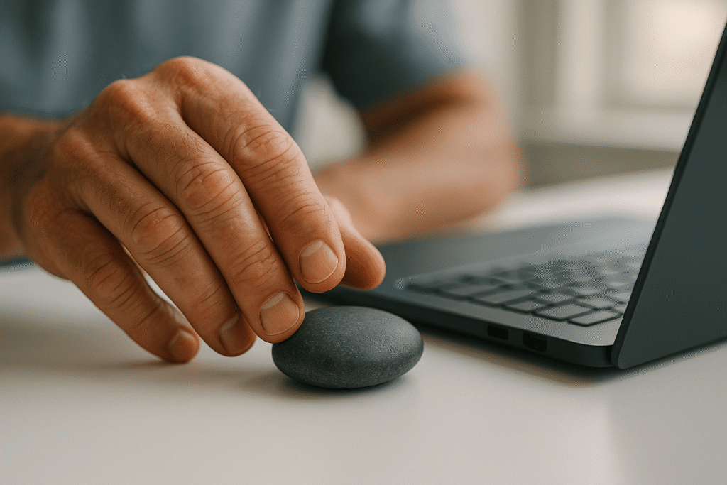 A man's hand places a smooth stone, a souvenir from his travels, on his office desk as a physical reminder of his accomplishment and newfound purpose in his second act. solo travel destinations for men over 40