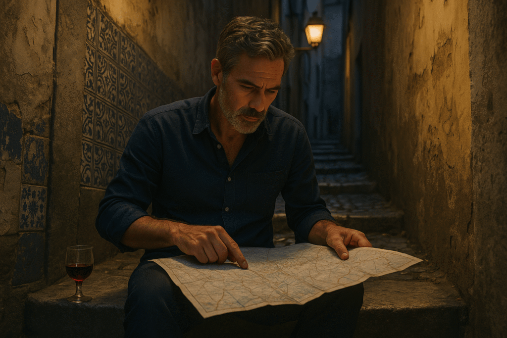 A man in his late 40s sits in a historic Lisbon alley at dusk, intently studying a paper map, fully engaged in the challenge and reward of solo, analog travel.