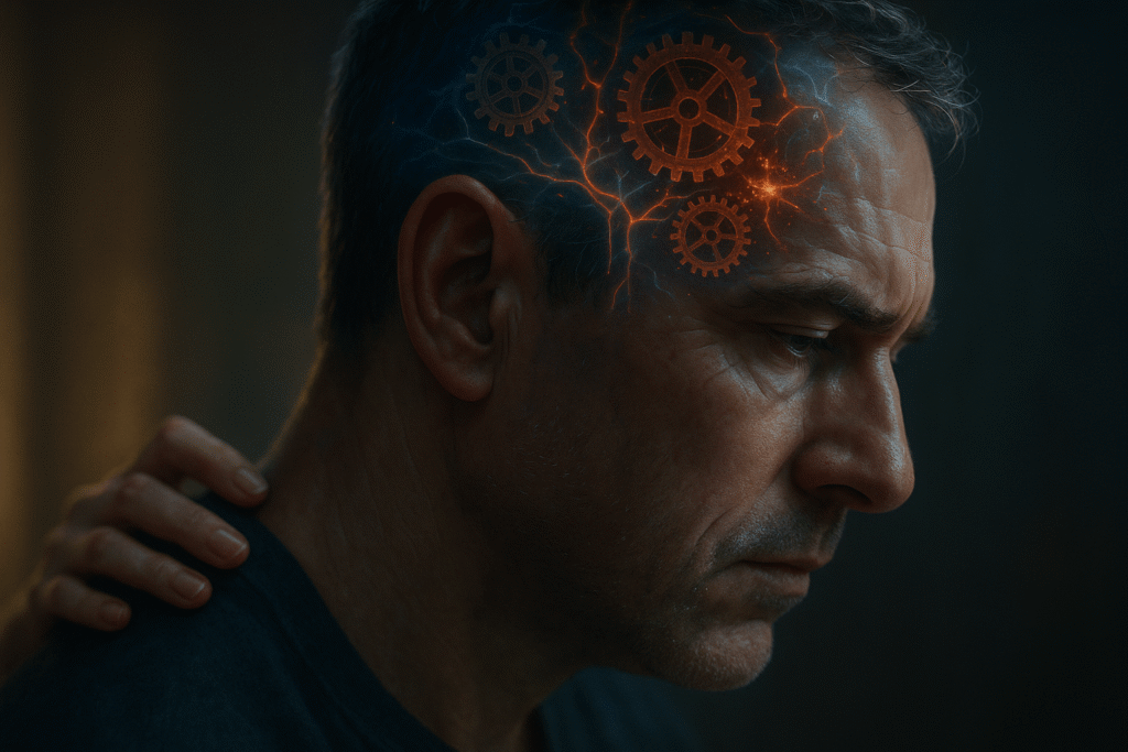 Man's head in profile with visible internal gears and neural activity, symbolizing performance anxiety and mental blocks in intimacy.