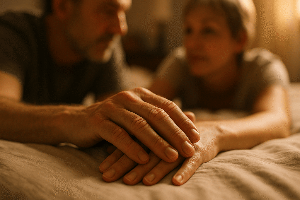 Man and woman's hands gently touching on a bed, symbolizing renewed intimacy and connection through mindful touch.