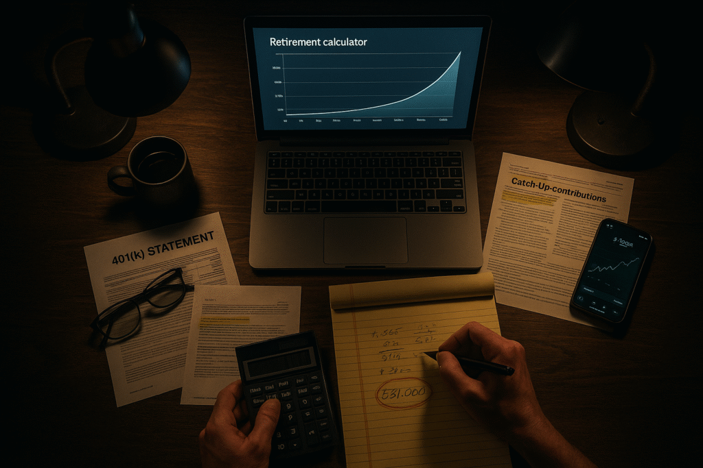 Overhead view of home office desk showing retirement planning in action - laptop displays retirement calculator with growth curves, surrounded by 401k statements, highlighted catch-up contribution documents showing $31000 maximum, man's hands calculating with wedding ring visible, single desk lamp creating dramatic shadows