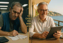 A split image showing two contrasting futures for men in later life — one stressed and burdened by bills, the other relaxed and financially secure — representing the long-term impact of retirement decisions made in midlife.