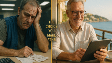 A split image showing two contrasting futures for men in later life — one stressed and burdened by bills, the other relaxed and financially secure — representing the long-term impact of retirement decisions made in midlife.