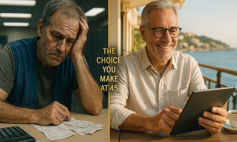 A split image showing two contrasting futures for men in later life — one stressed and burdened by bills, the other relaxed and financially secure — representing the long-term impact of retirement decisions made in midlife.
