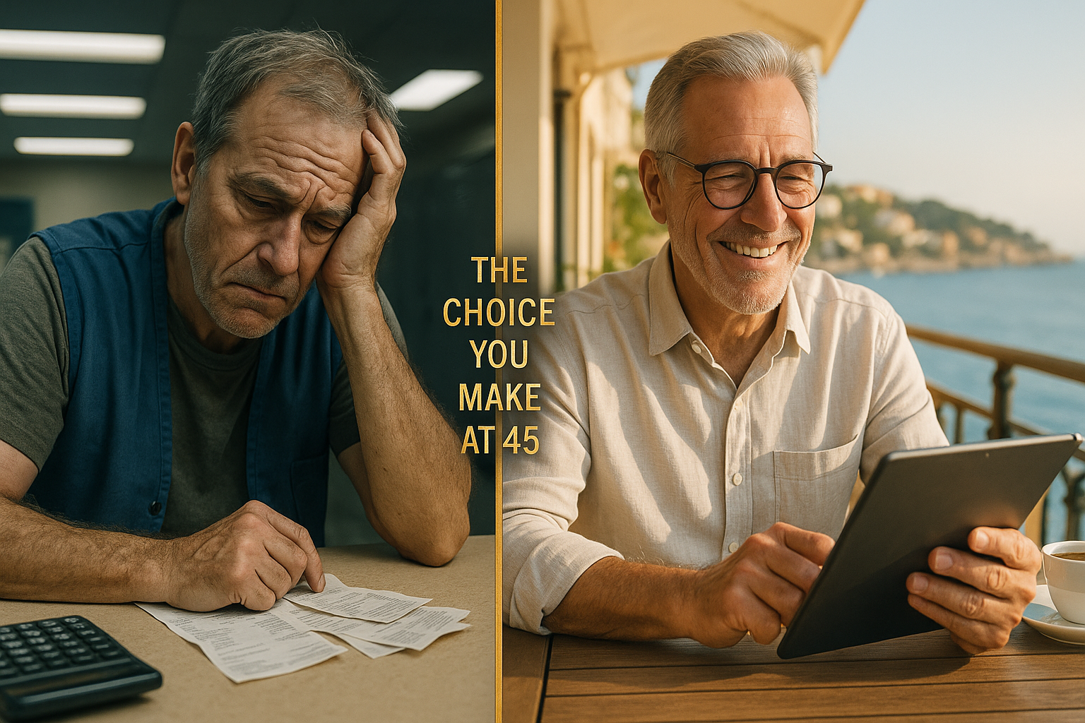 A split image showing two contrasting futures for men in later life — one stressed and burdened by bills, the other relaxed and financially secure — representing the long-term impact of retirement decisions made in midlife.