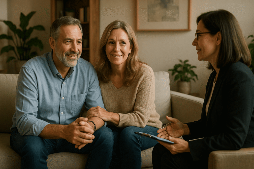 A man and woman in their 50s speaking with a certified sex therapist, showing the positive step of seeking professional help for sexual dysfunction.