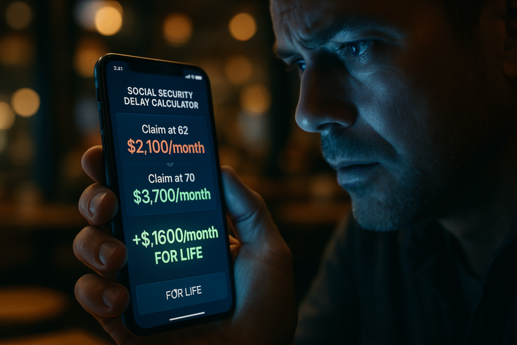 Close-up of man's hand holding smartphone displaying Social Security calculator app showing benefit comparison - claim at age 62 shows $2100 per month in red versus claim at age 70 shows $3700 per month in green with highlighted $1600 monthly difference for life - phone screen glow illuminates face from below in coffee shop setting representing strategic retirement timing decision for men in 50s