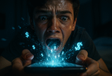 A shocking image of a teenage boy being pulled into his glowing smartphone, symbolizing the dangers of online spending and the urgent need for financial literacy for teens.