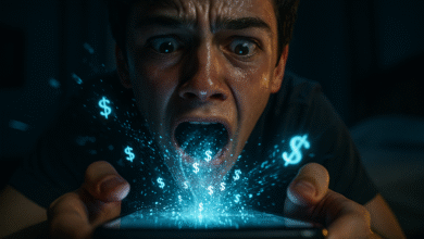 A shocking image of a teenage boy being pulled into his glowing smartphone, symbolizing the dangers of online spending and the urgent need for financial literacy for teens.