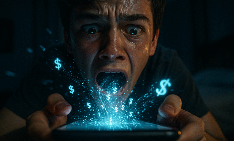A shocking image of a teenage boy being pulled into his glowing smartphone, symbolizing the dangers of online spending and the urgent need for financial literacy for teens.