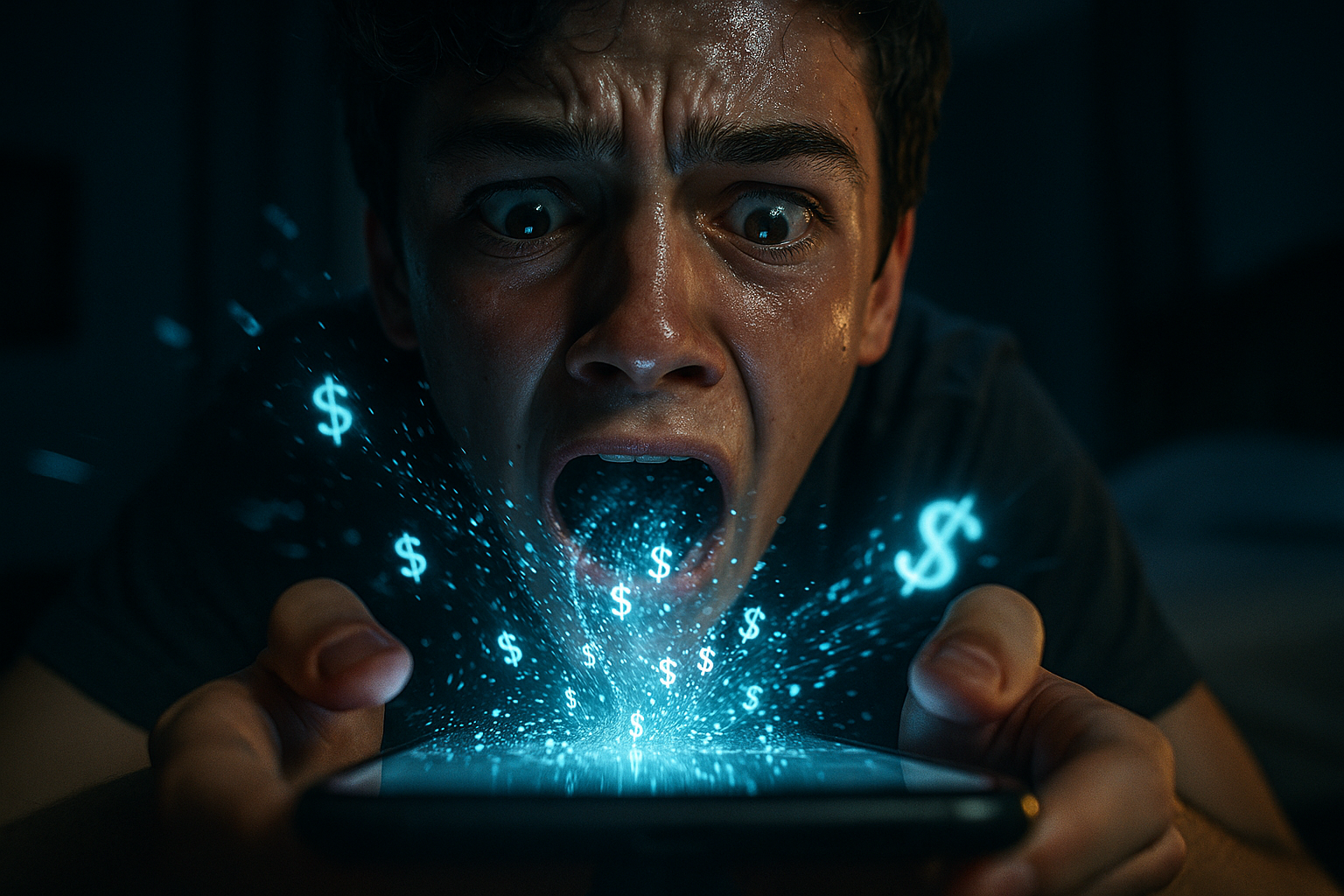 A shocking image of a teenage boy being pulled into his glowing smartphone, symbolizing the dangers of online spending and the urgent need for financial literacy for teens.