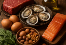 Close-up shot of nutrient-rich foods like grass-fed beef, oysters, eggs, wild salmon, nuts, and dark leafy greens on a rustic wooden table. Alt: Testosterone boosting foods for men including zinc-rich oysters, vitamin D-rich salmon, and healthy fats from grass-fed beef and olive oil.