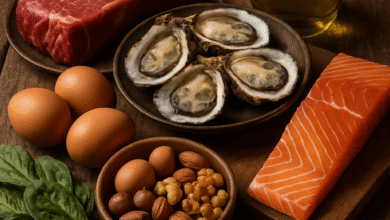 Close-up shot of nutrient-rich foods like grass-fed beef, oysters, eggs, wild salmon, nuts, and dark leafy greens on a rustic wooden table. Alt: Testosterone boosting foods for men including zinc-rich oysters, vitamin D-rich salmon, and healthy fats from grass-fed beef and olive oil.