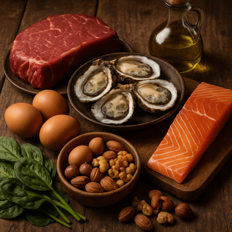 Close-up shot of nutrient-rich foods like grass-fed beef, oysters, eggs, wild salmon, nuts, and dark leafy greens on a rustic wooden table. Alt: Testosterone boosting foods for men including zinc-rich oysters, vitamin D-rich salmon, and healthy fats from grass-fed beef and olive oil.