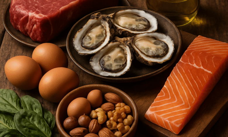 Close-up shot of nutrient-rich foods like grass-fed beef, oysters, eggs, wild salmon, nuts, and dark leafy greens on a rustic wooden table. Alt: Testosterone boosting foods for men including zinc-rich oysters, vitamin D-rich salmon, and healthy fats from grass-fed beef and olive oil.