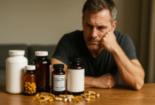 Middle-aged man looking thoughtfully at supplement bottles and capsules on a table, representing essential supplements men over 40 should take for energy, vitality, and longevity.