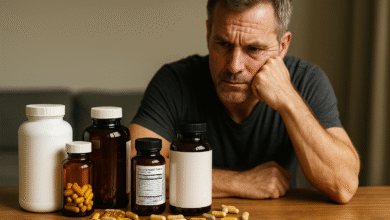 Middle-aged man looking thoughtfully at supplement bottles and capsules on a table, representing essential supplements men over 40 should take for energy, vitality, and longevity.