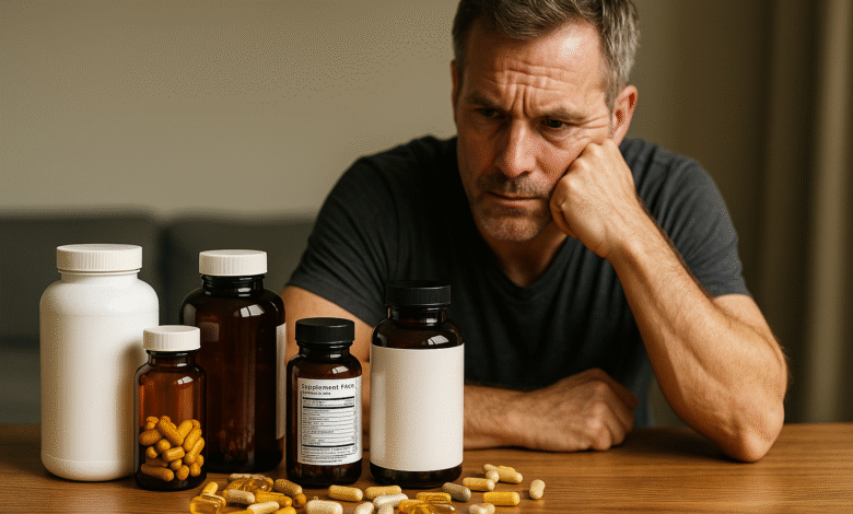 Middle-aged man looking thoughtfully at supplement bottles and capsules on a table, representing essential supplements men over 40 should take for energy, vitality, and longevity.