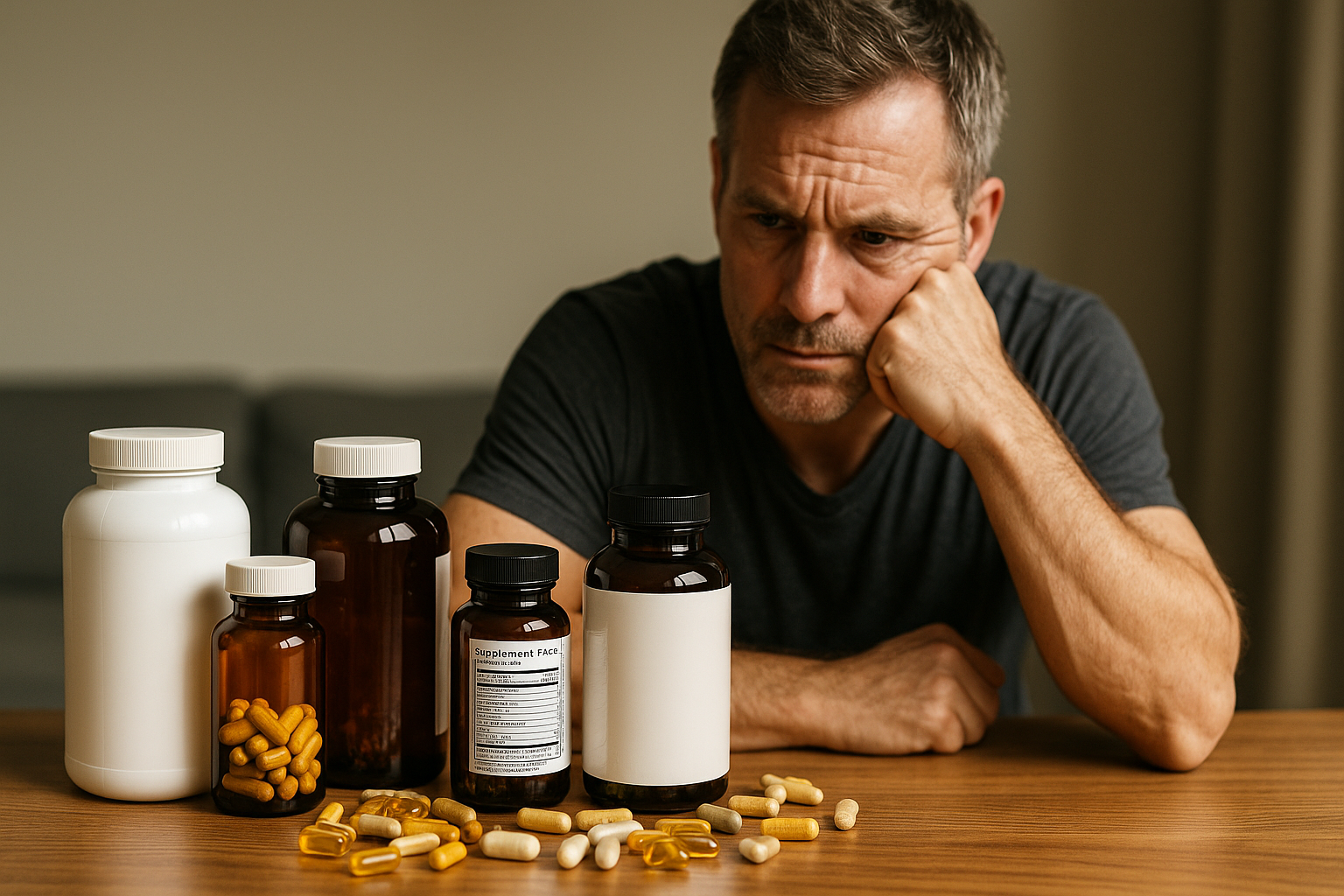 Middle-aged man looking thoughtfully at supplement bottles and capsules on a table, representing essential supplements men over 40 should take for energy, vitality, and longevity.