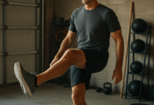 A fit middle‑aged man performing dynamic leg swings in a home garage, showing proper form and relaxed expression. Alt: knee pain exercises for men warm up mobility drills