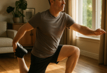 A mid‑life man performing a dynamic quad stretch in a sun‑lit living room. Alt: knee pain exercises for men warm‑up mobility
